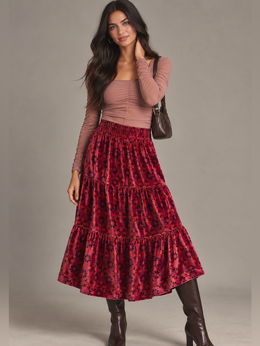 Anthropologie Red Floral Velvet Tiered Midi Skirt Smocked Waist Size Medium NWT